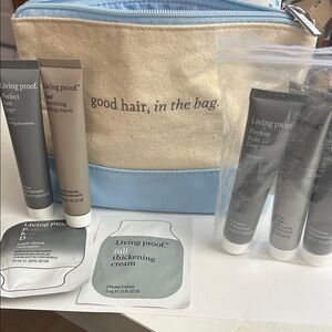 Living Proof Hair Care Travel  size Set with Blue and Cream Bag NEW
